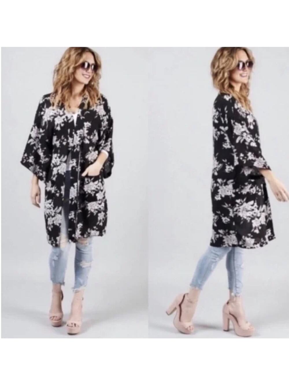 Spiritual Gangster Black and Gray Floral Kimono Boho Beach Yoga Lounge One Size